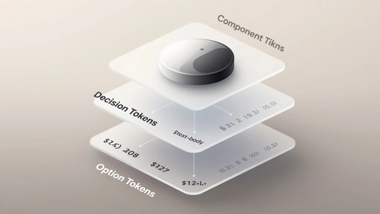 Three-layered diagram of design tokens leading to a responsive button component in Light and Dark Mode.