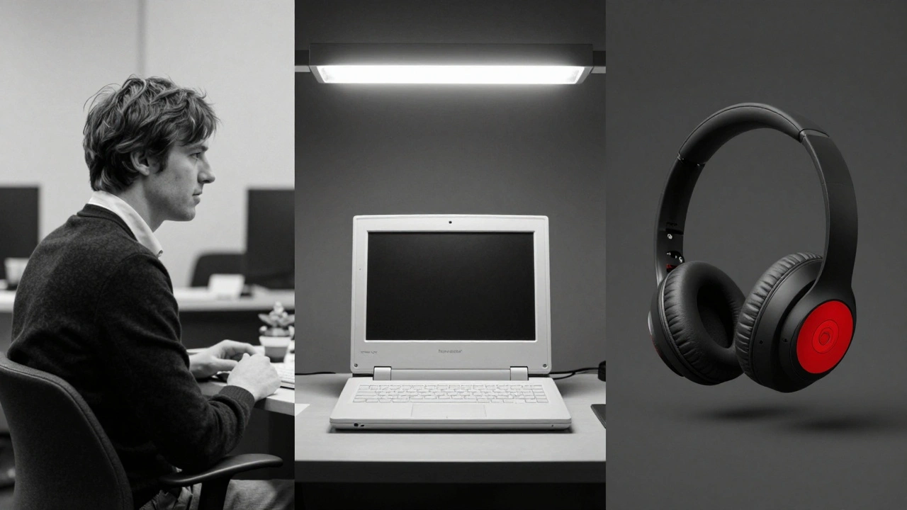 Three-panel symbolic image showing Brunner hiring Ive, the PowerBook, and Beats by Dre headphones in monochrome with red accent.