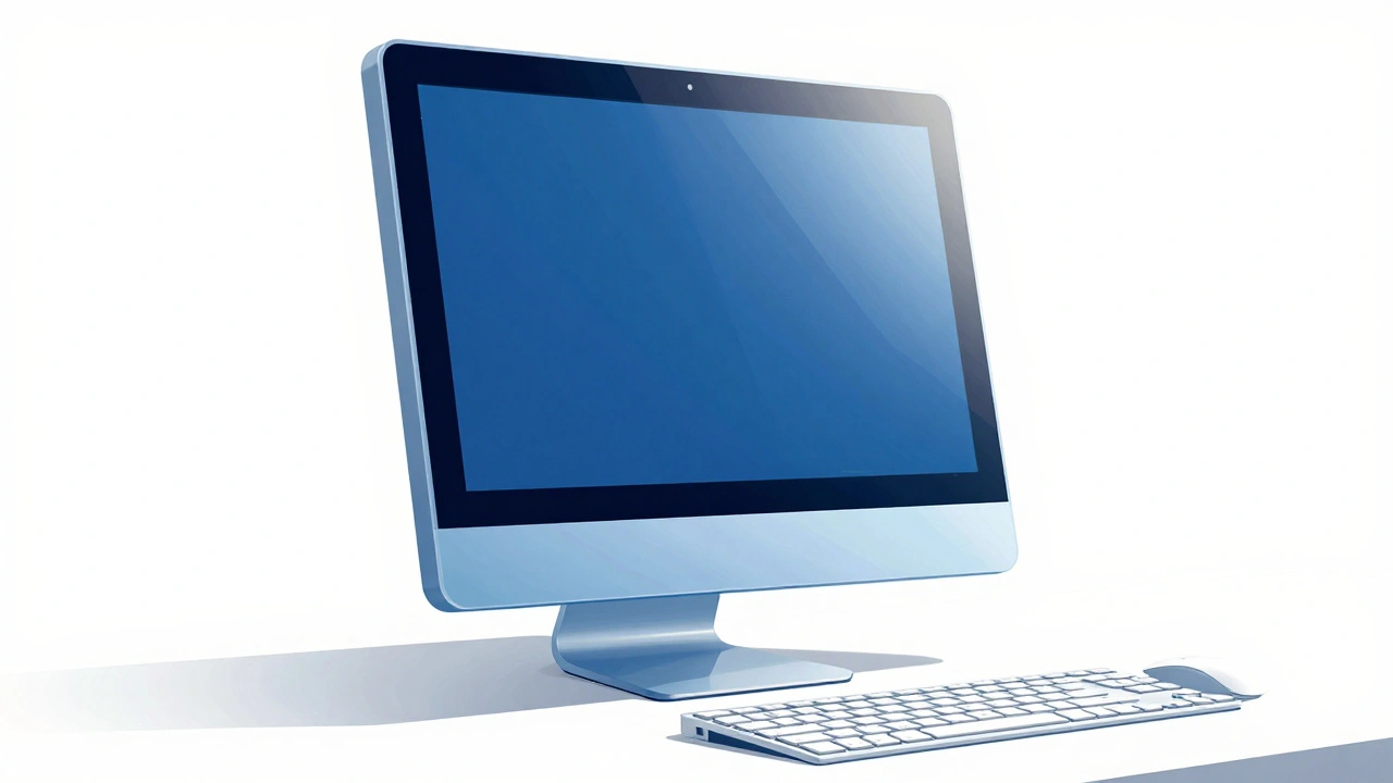 Translucent blue iMac from 1998 with no visible screws or vents, lit by soft sunlight on a white desk.