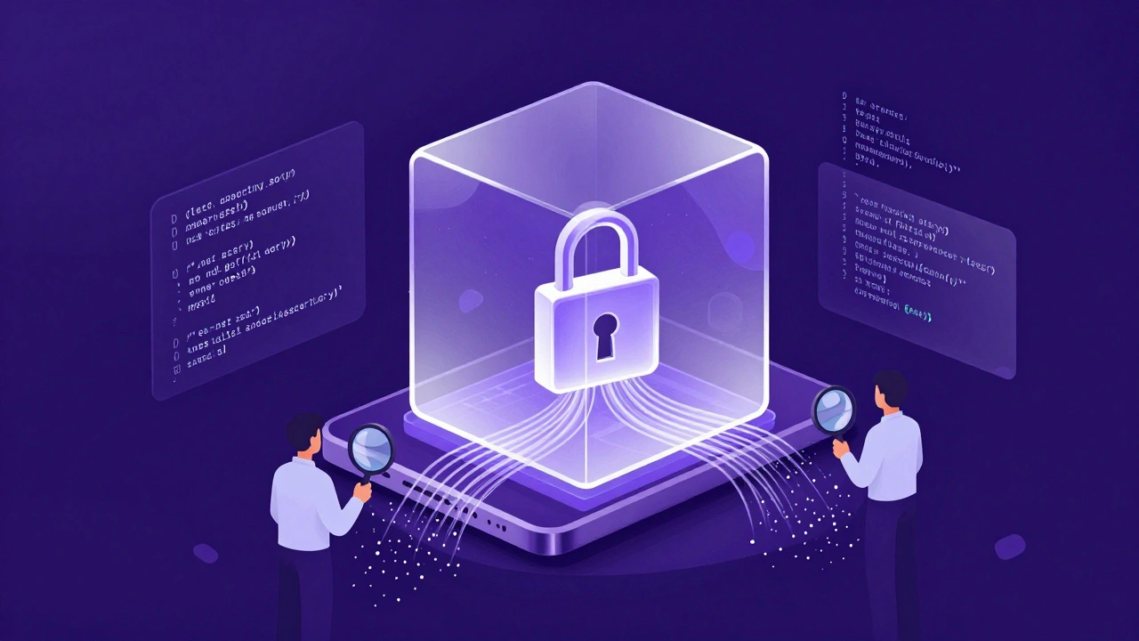 Transparent data cube with encrypted streams dissolving into particles, symbolizing no data retention.
