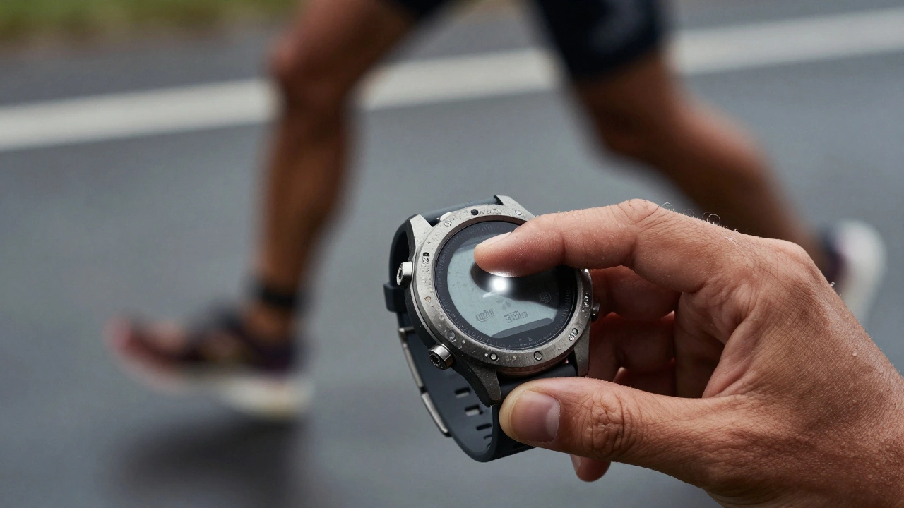 Triathlete activating water mode on a rugged watch with tactile buttons and matte bezel, water beading off surface.
