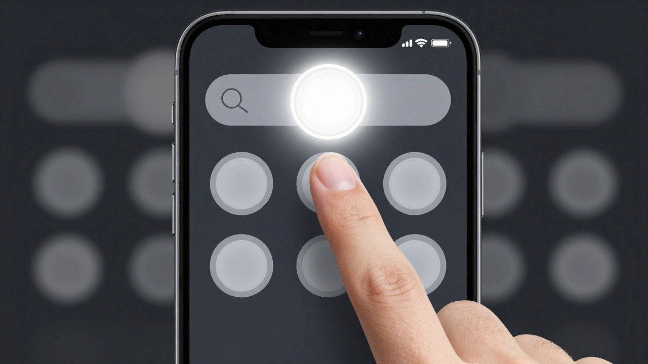 User's thumb hovering over a centered circular search tab on iPhone, mimicking a button, surrounded by similar icons in other apps.