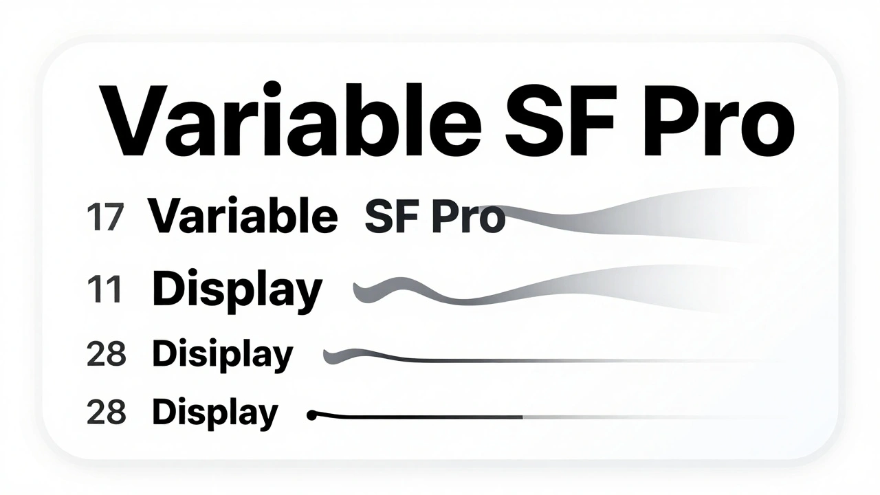 Variable SF Pro font smoothly adjusting its structure as text size increases, with visual gradients showing spacing and stroke changes.