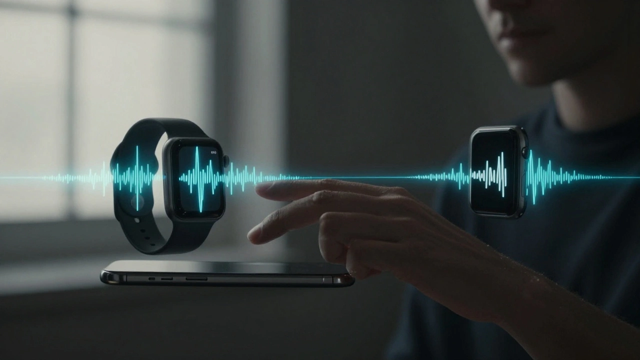 A blind user interacting with Apple devices as coded haptic pulses radiate gently from the buttons.