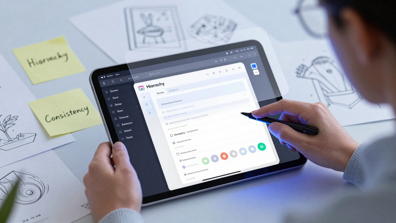 A designer prototyping with Figma, surrounded by HIG principle notes and floating iOS UI elements.