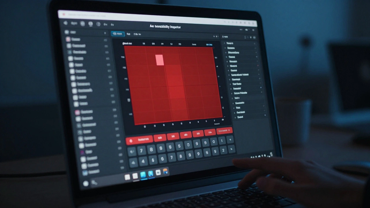 A developer viewing an Accessibility Inspector heatmap highlighting missing labels and poor contrast on an iOS app screen.