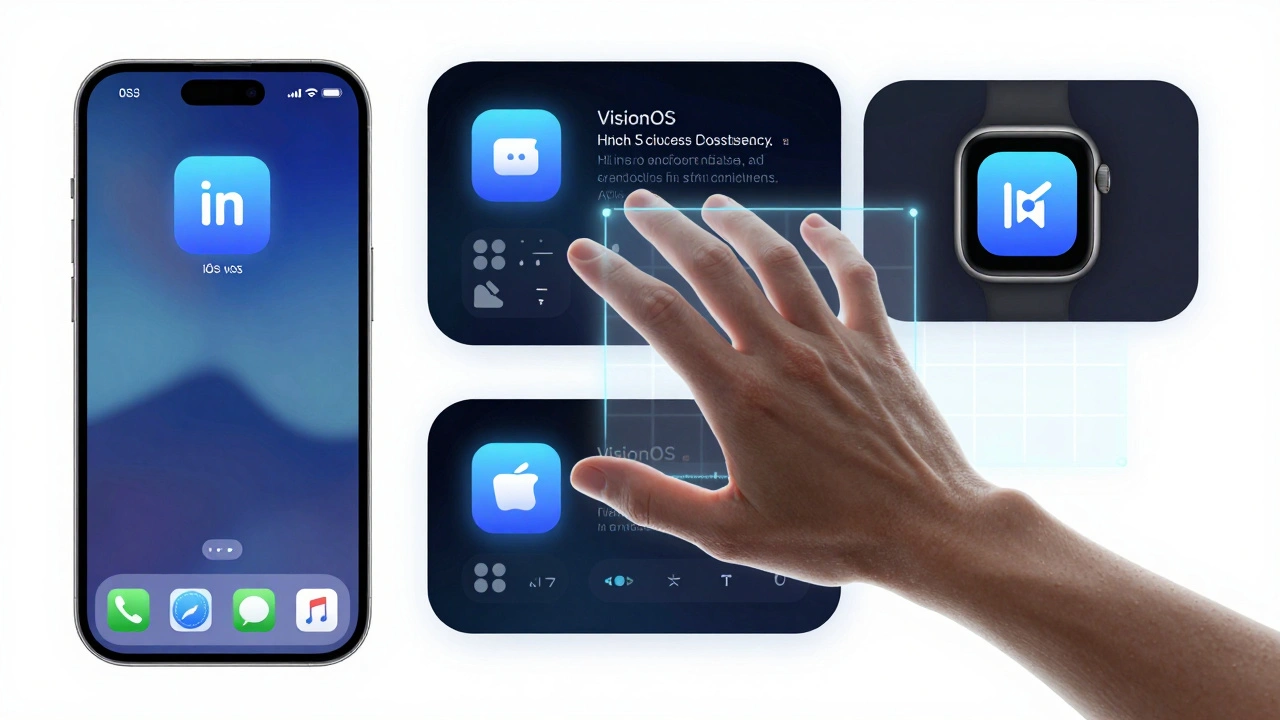A hand interacting with multiple Apple interfaces, all governed by the same visual and functional rules.