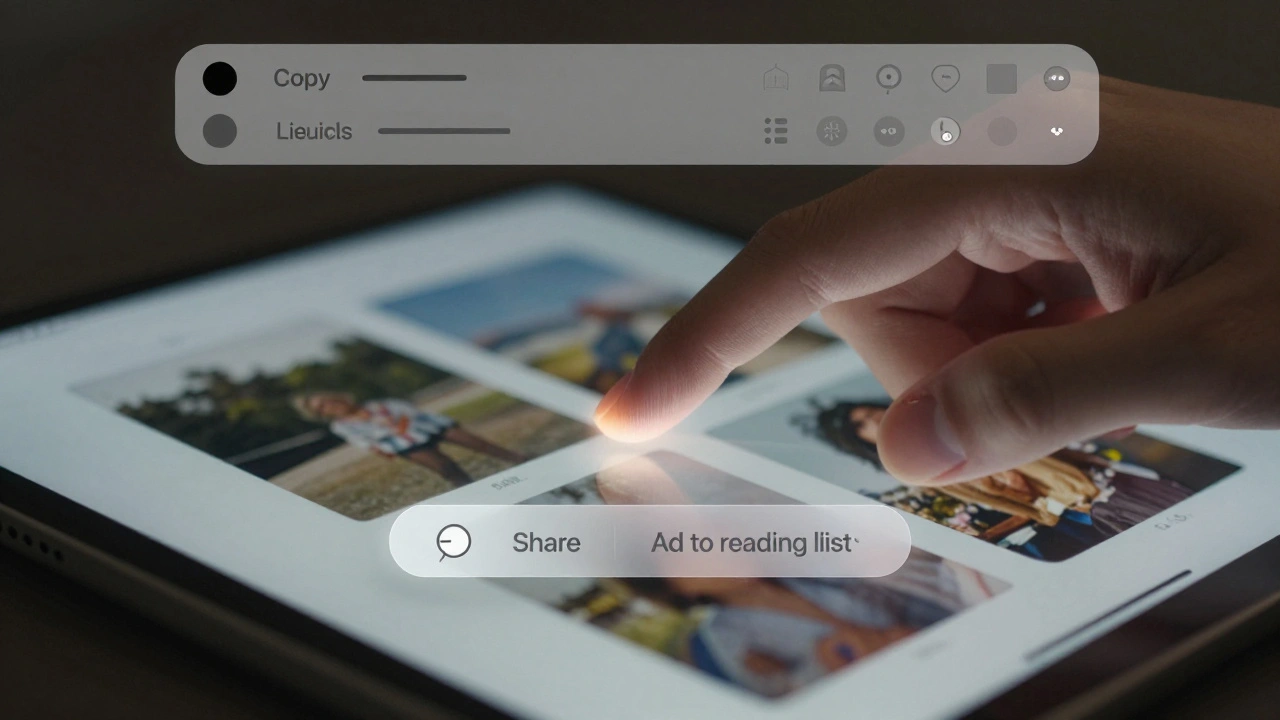 A hand long-presses a photo on iPad, causing it to lift into a floating preview with sharing options and a translucent menu bar above.