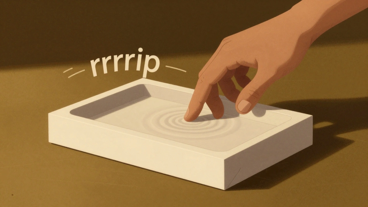 A hand pausing as a packaging lid resists slightly, creating a moment of anticipation before reveal.