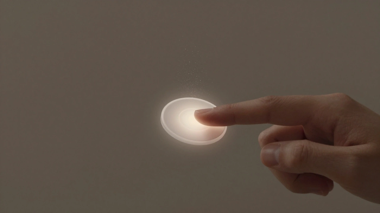 A Mac app button lifting slightly with a soft pulse of light as a finger hovers above it, in warm muted tones.