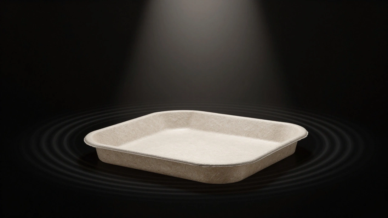 A molded fiber pulp packaging tray floating in darkness, with subtle sound waves radiating from its surface.