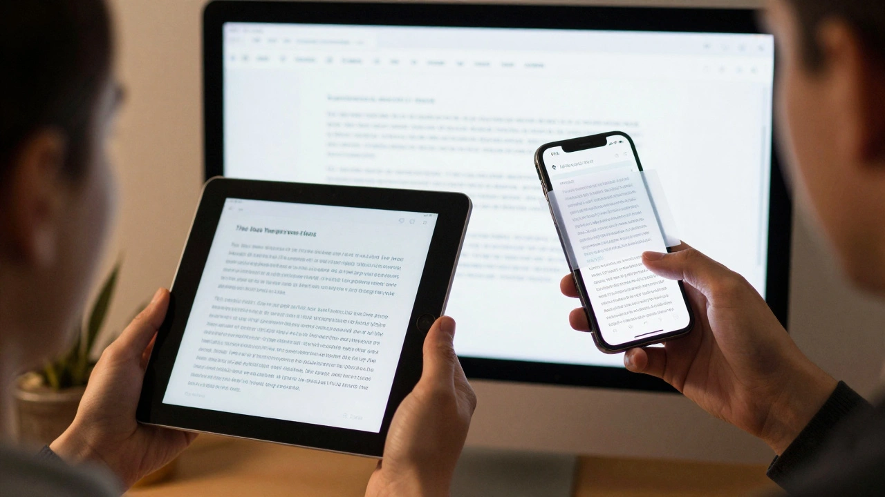A person using an iPad and iPhone side by side, with visual overlays showing how text adapts density across devices.