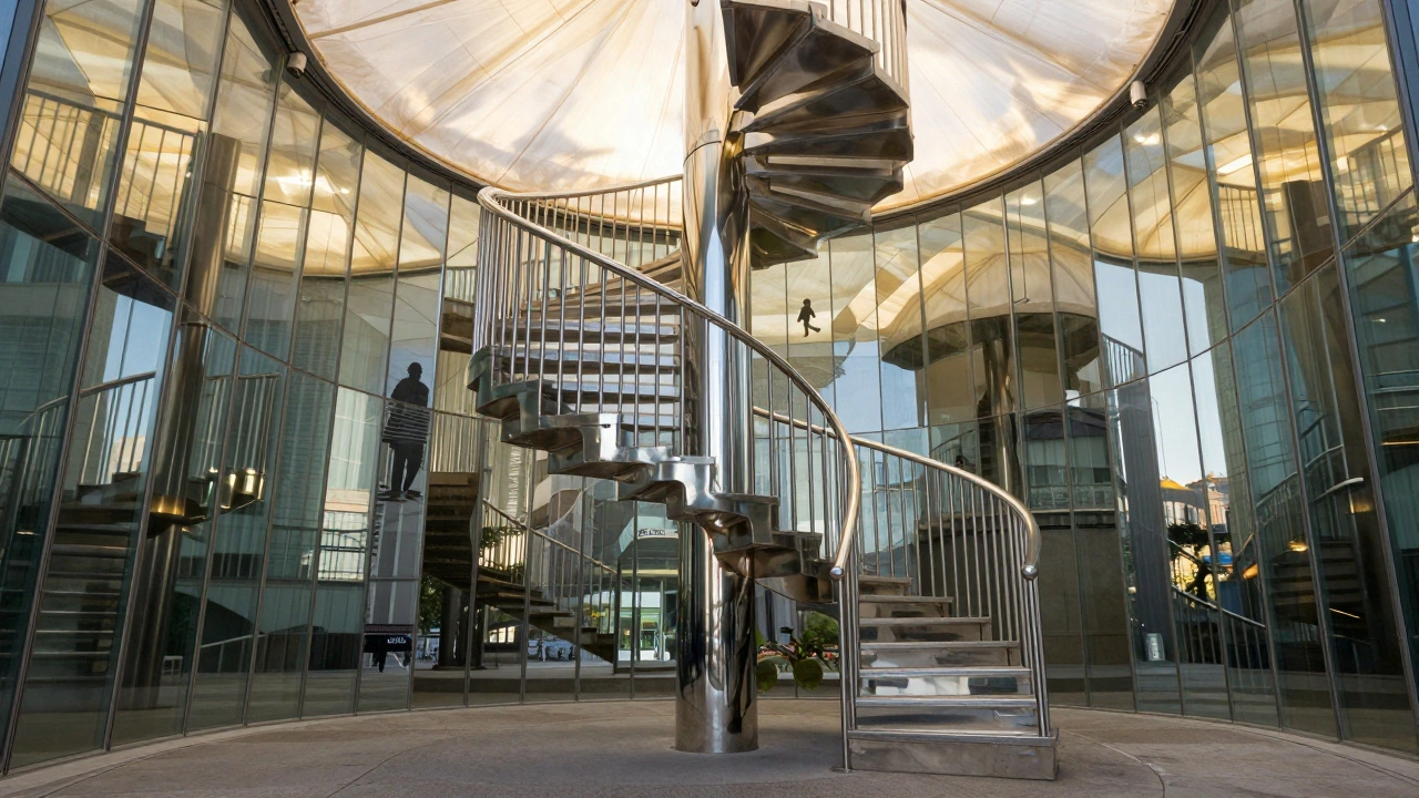 A polished steel spiral staircase reflects in mirrored walls, appearing to float in mid-air under soft, shifting sunlight.