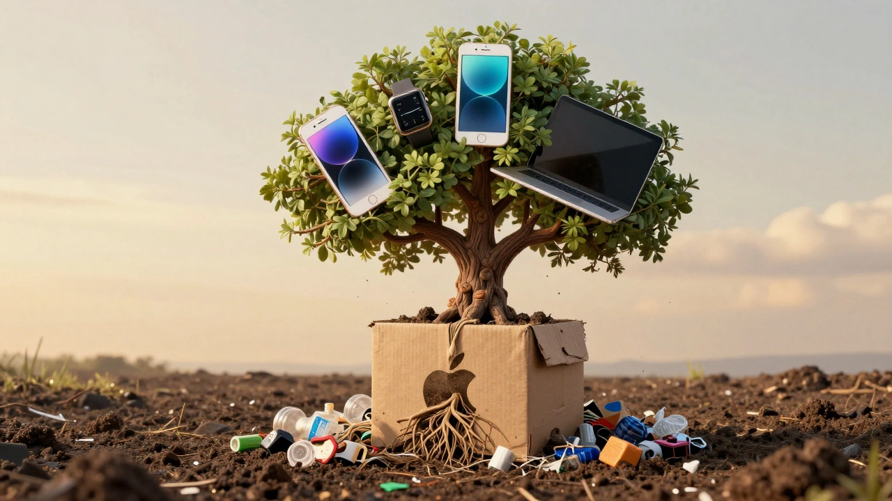 A tree growing from a recycled Apple box, with devices as branches and plastic waste dissolving into soil.
