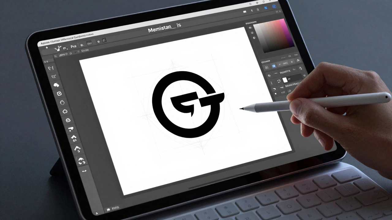 A vector logo being edited in Affinity Designer on iPad Pro, with hand-drawn sketch overlay and professional tools visible.