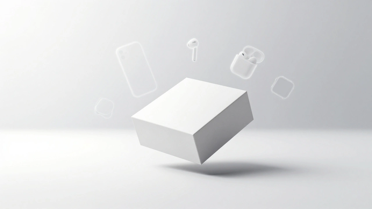 A white Apple box floating in a minimalist white space with faint embossed device outlines around it.