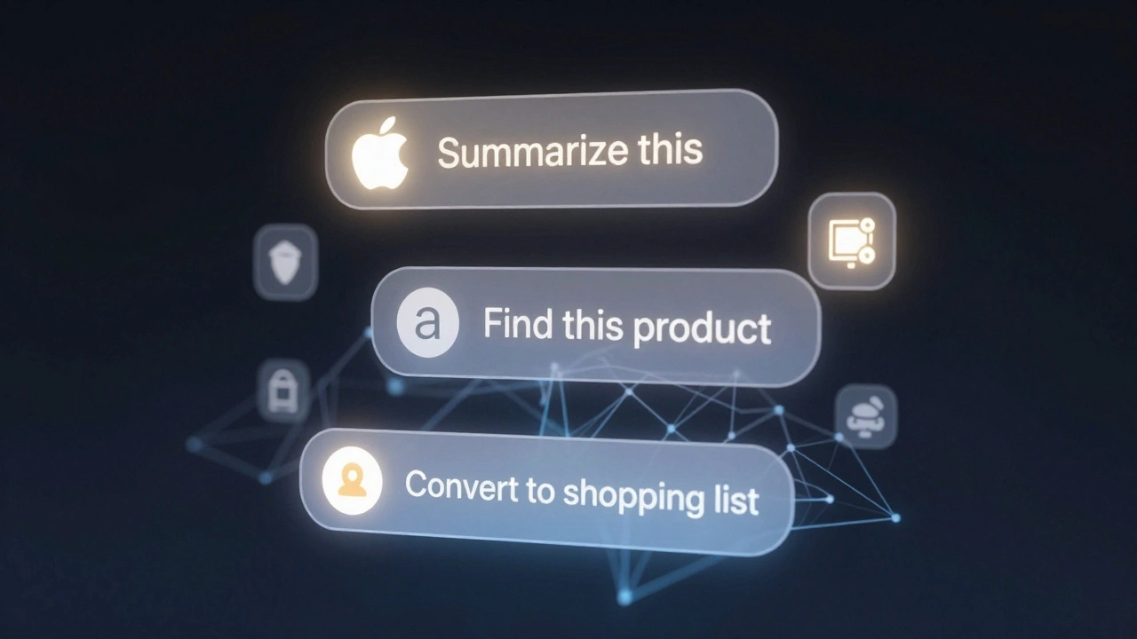 An AI-powered screenshot menu floats near a product label, offering smart suggestions like 'Find this product' and 'Convert to shopping list'.