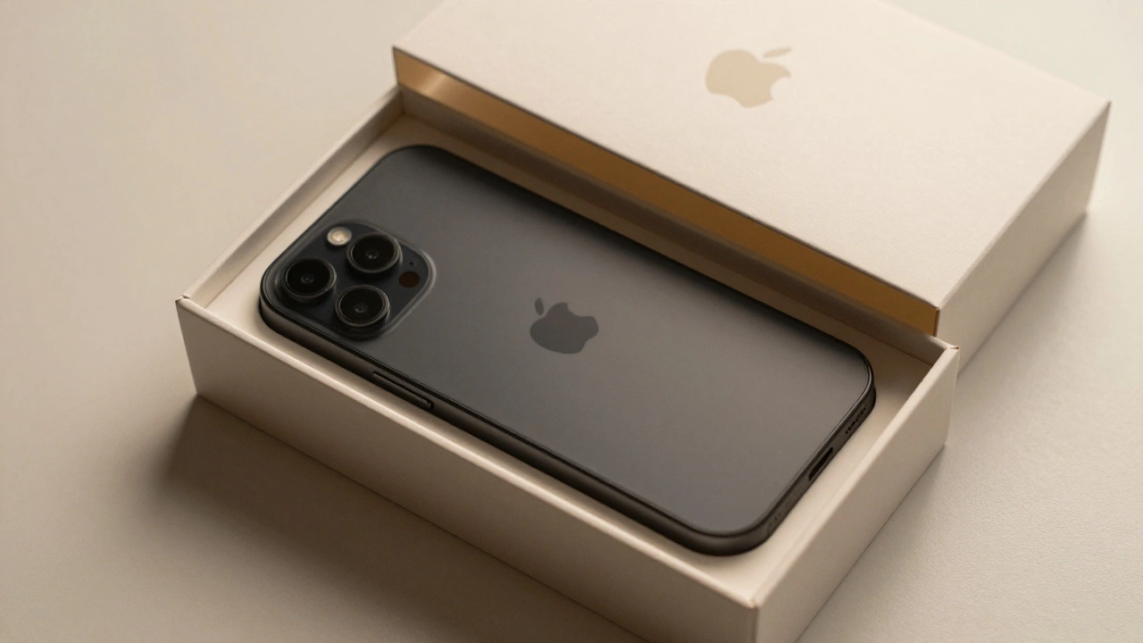 An Apple box being slowly opened to reveal a recycled pulp tray holding a black iPhone.