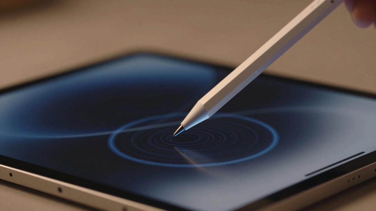An Apple Pencil Pro hovering above an iPad screen, showing a preview of a brush stroke before contact.