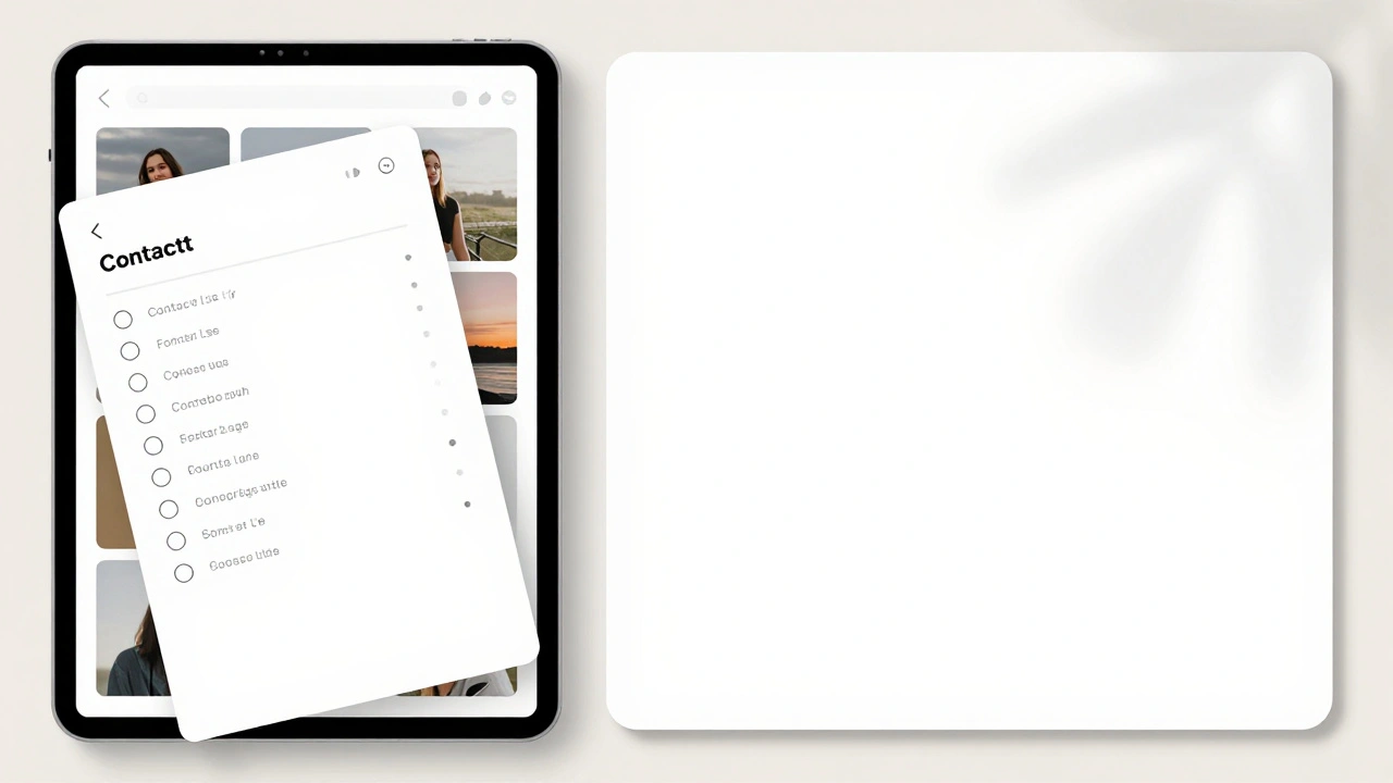 An iPad showing a half-sheet with contact options while the main photo grid remains visible in the background.