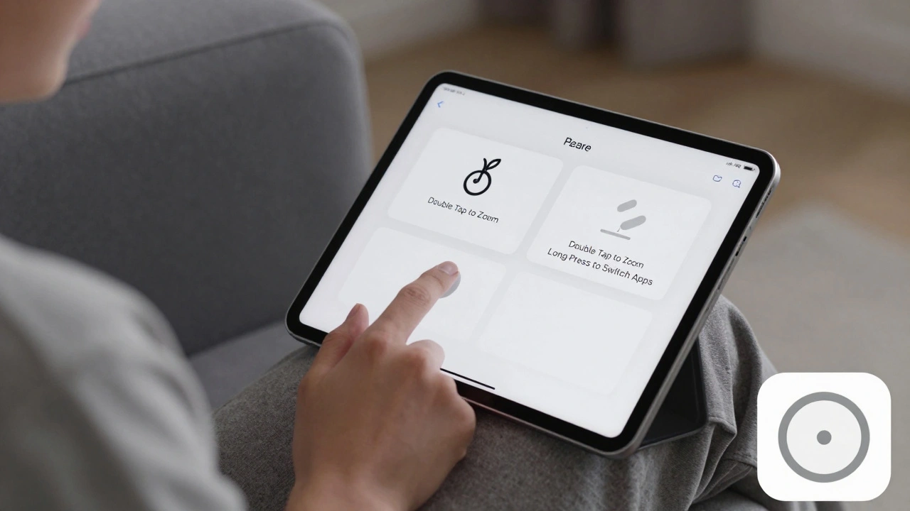 An iPad showing AssistiveTouch floating button and virtual trackpad for alternative control.
