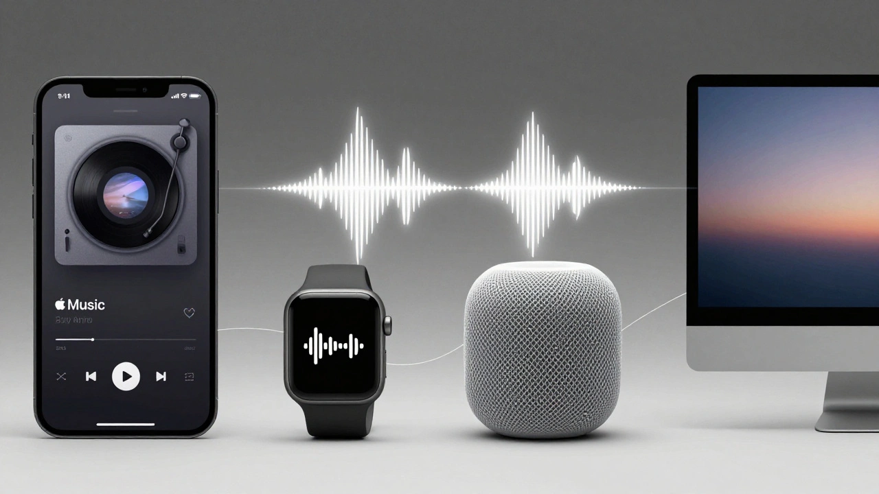 Apple Music interface adapting across four devices, connected by a thread of light.