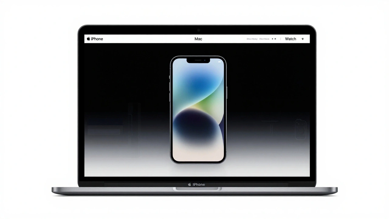 Apple.com homepage on a laptop screen with large product video, clean layout, no distractions.