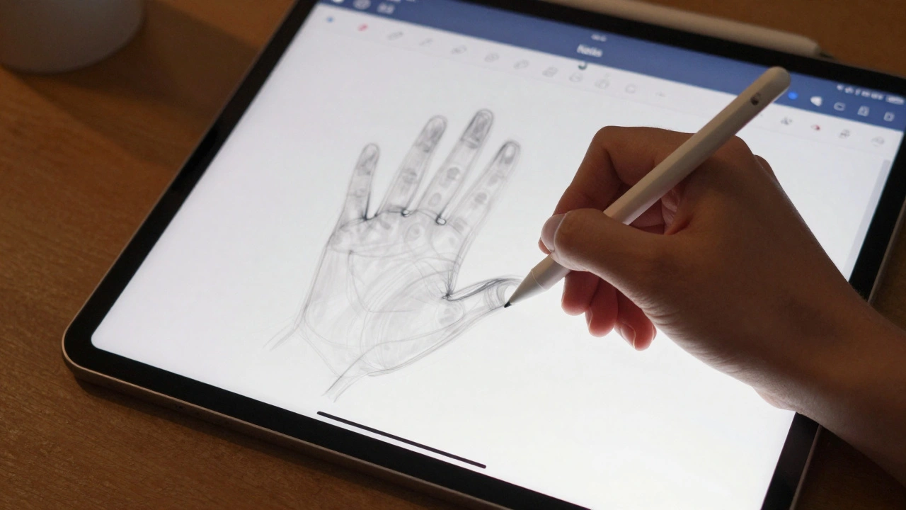 Artist's hand drawing on iPad with delayed Apple Pencil strokes and ghosting effects on screen.