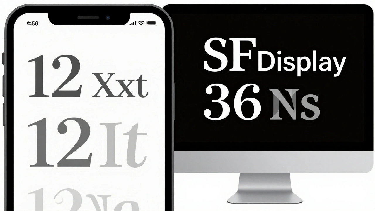 Close-up comparison of San Francisco Text and Display fonts, highlighting subtle design differences in letter shapes at small and large sizes.
