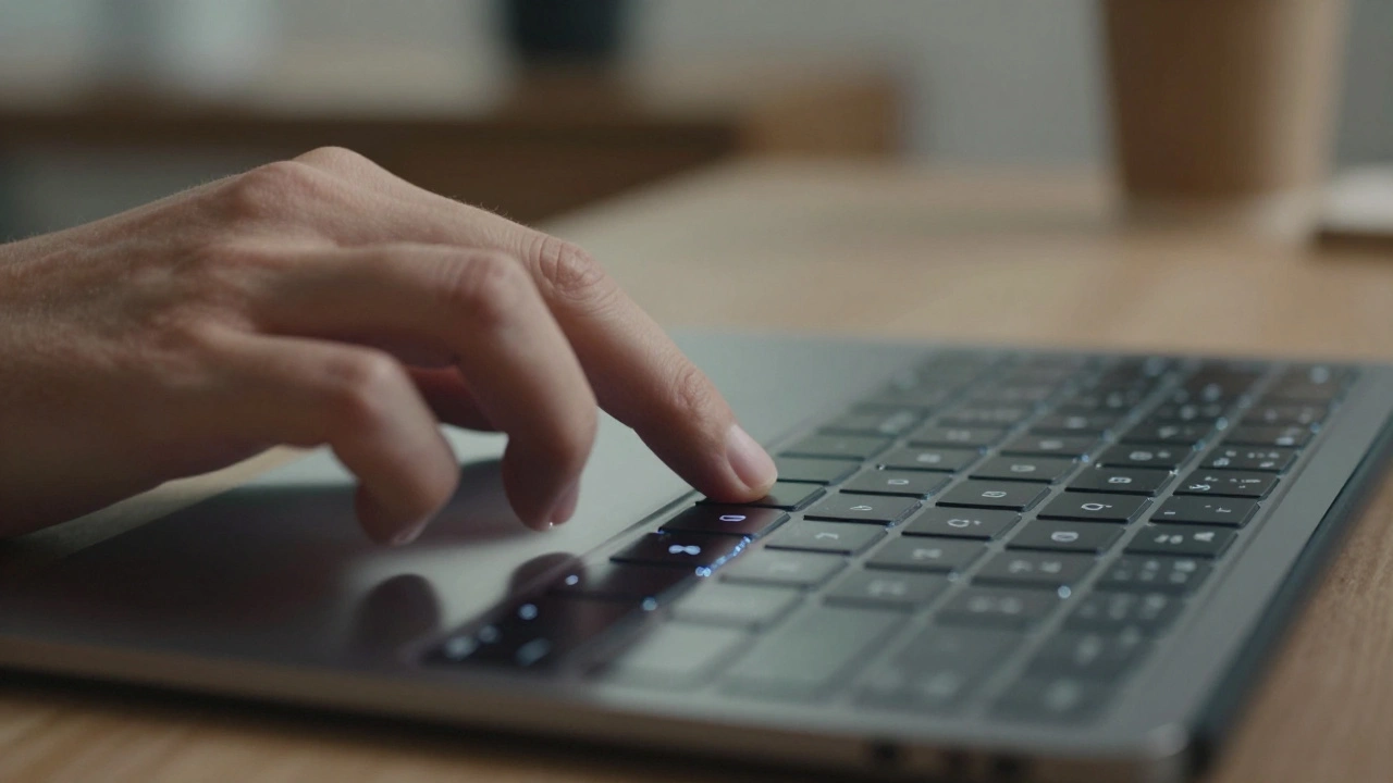 Close-up of hand using iPad Magic Keyboard trackpad with subtle motion blur suggesting haptic feedback.