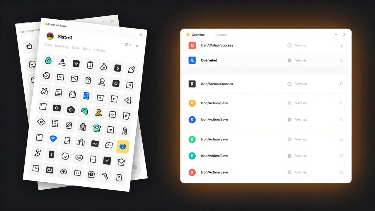 Contrast between chaotic icon overrides and well-organized symbol library in design system.