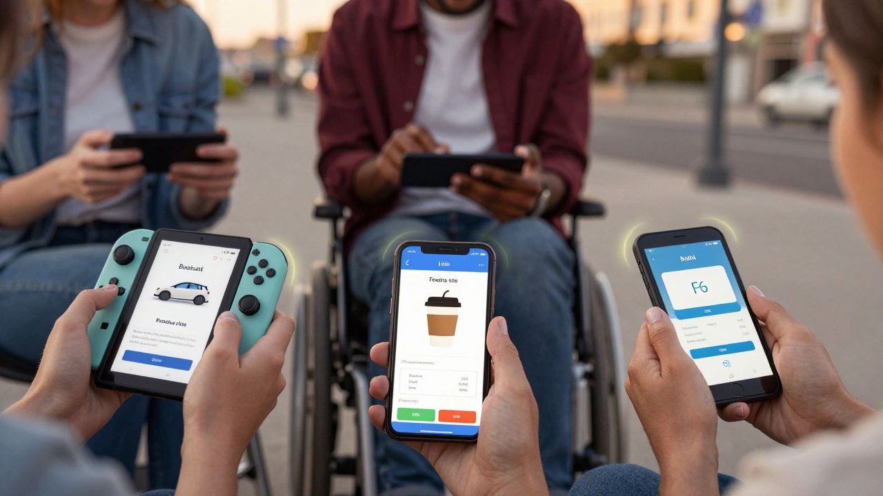 Diverse users completing everyday tasks on their iPhones with accessible interfaces glowing softly in the background.