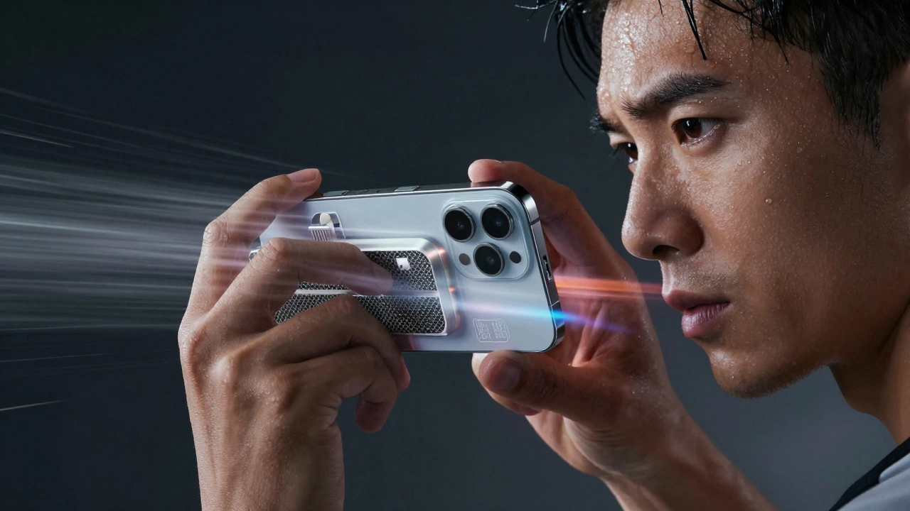 Hand holding iPhone 17 Pro during heavy video use, with internal heat management system visible in cross-section.