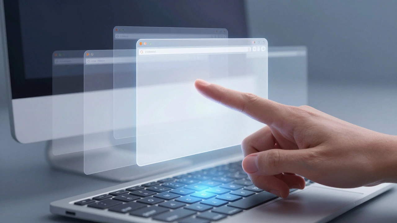 Hand over keyboard with glowing modifier keys interacting with a trackpad gesture.