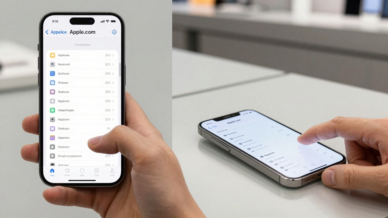 Hand scrolling on iPhone showing product specs, mirrored by same hand touching iPhone in store, seamless experience.