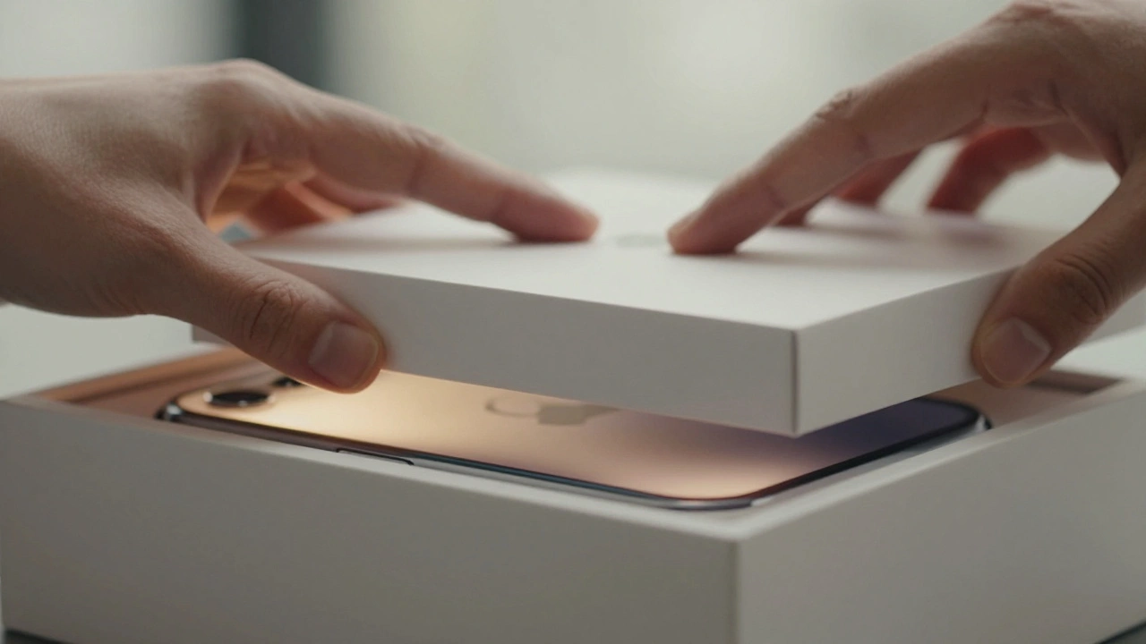 Hands gently opening an Apple box, soft light highlighting the texture of cardboard and centered product.
