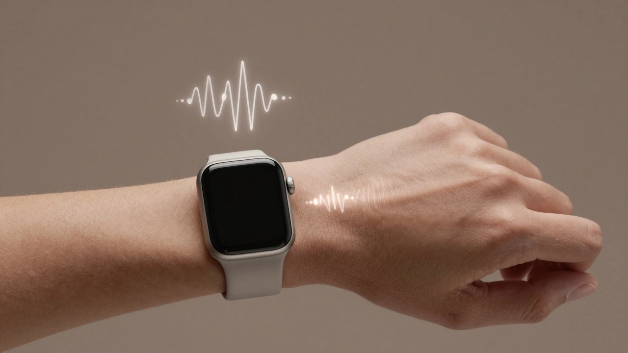 Haptic feedback patterns visualized as glowing lines along the wrist.