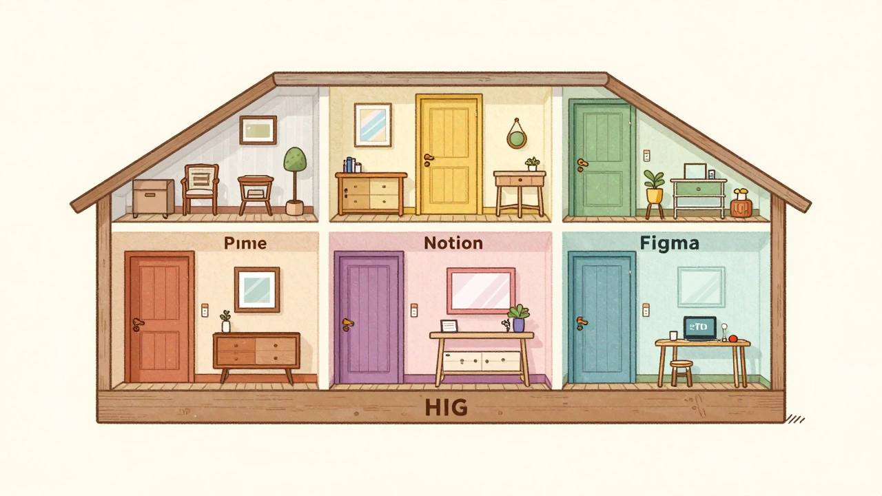 House with HIG foundation supporting uniquely styled rooms representing apps, symbolizing consistent behavior within brand diversity.