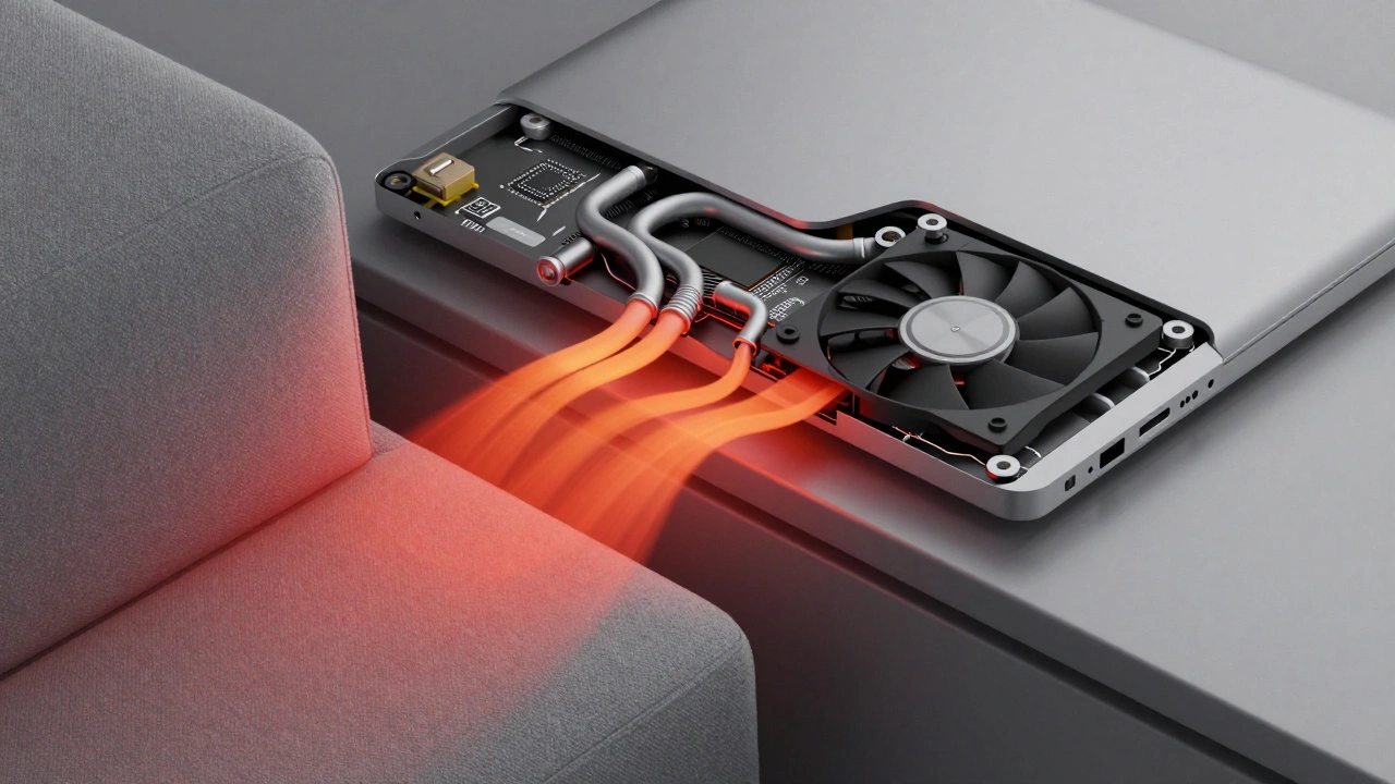 Internal view of a MacBook Pro's cooling system with heat blocked by soft fabric on one side and flowing freely on the other.