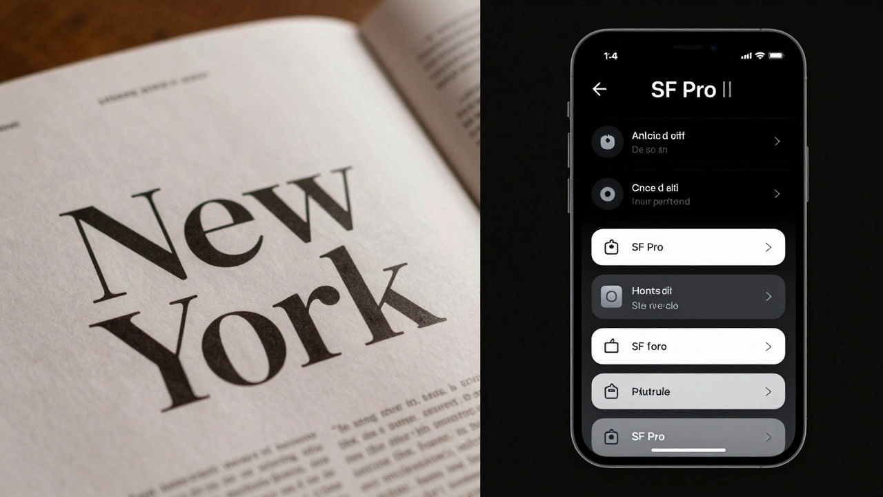 Left: textured serif type on magazine; right: clean sans-serif UI on iPhone screen.