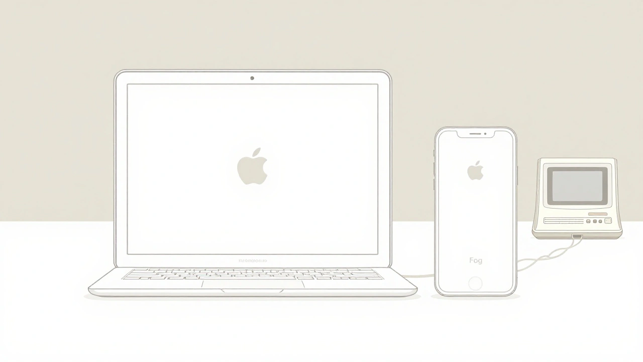 Modern MacBook and iPhone with subtle echoes of vintage Apple design elements like rounded edges and recessed logos.