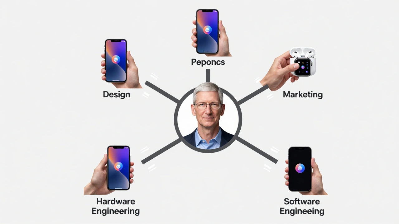 Organizational chart with Tim Cook at center, radiating teams controlling devices with identical UI elements.