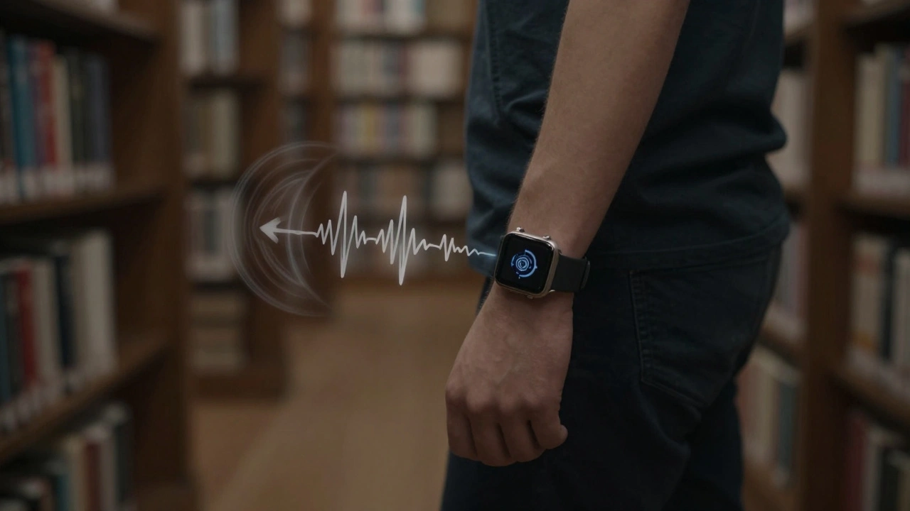 Person walking in a library, receiving directional haptic guidance from watch.