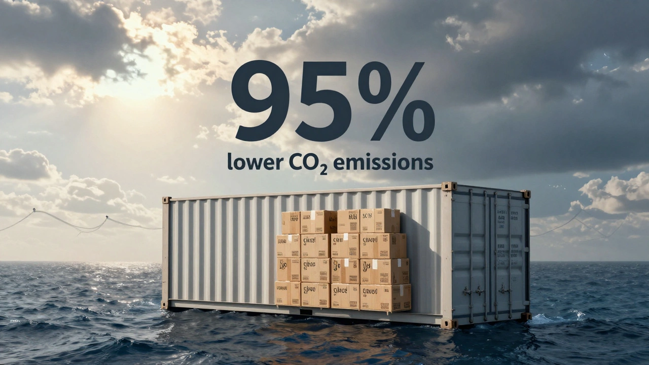 Shipping container full of fiber-based Apple boxes with fading carbon emissions over ocean.