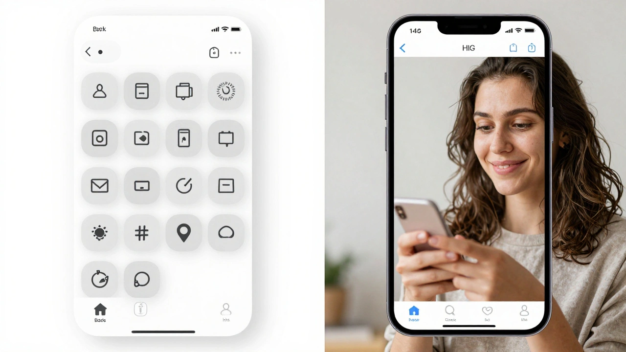 Side-by-side: a confused user with a chaotic app vs. a happy user with a smooth Apple HIG-compliant interface.