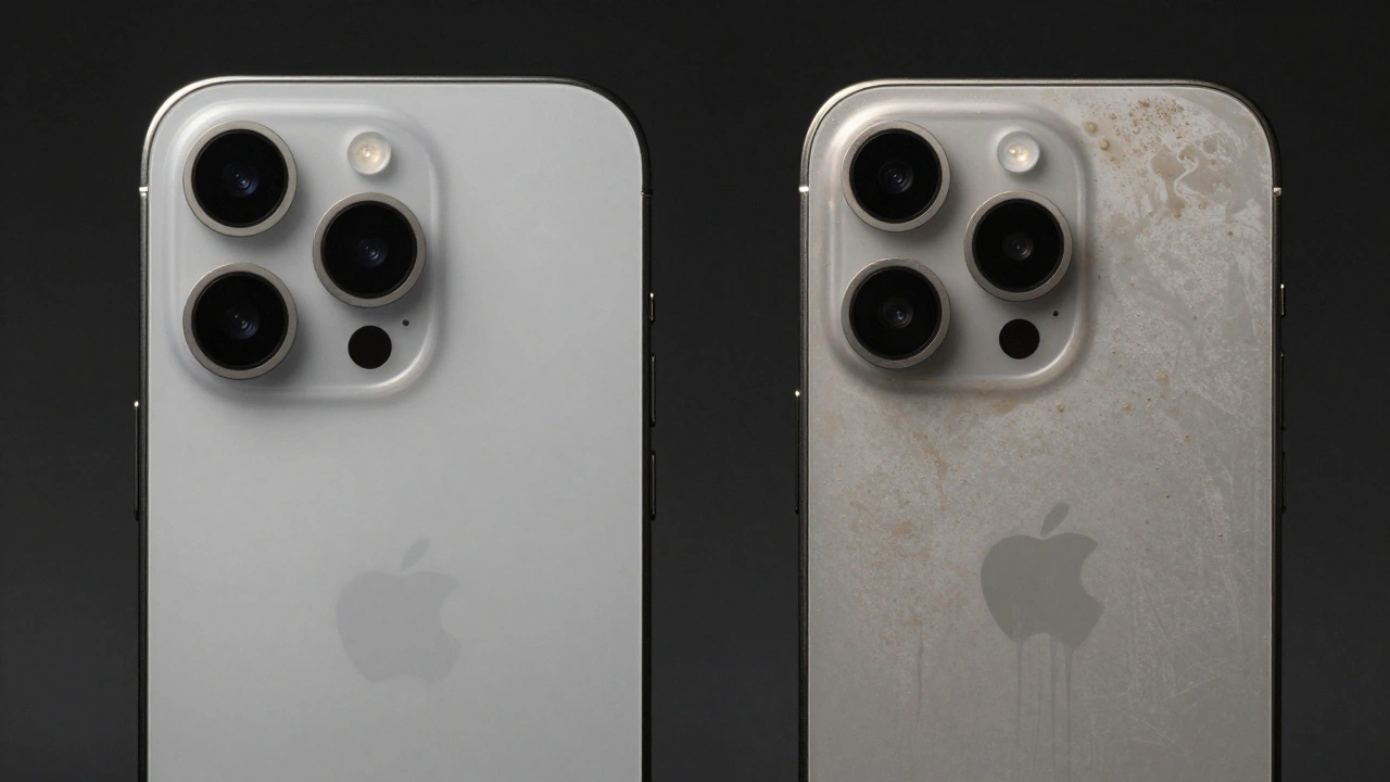Side-by-side of aluminum and titanium phones, showing aluminum's smudge-resistant finish versus titanium's fingerprint trap.