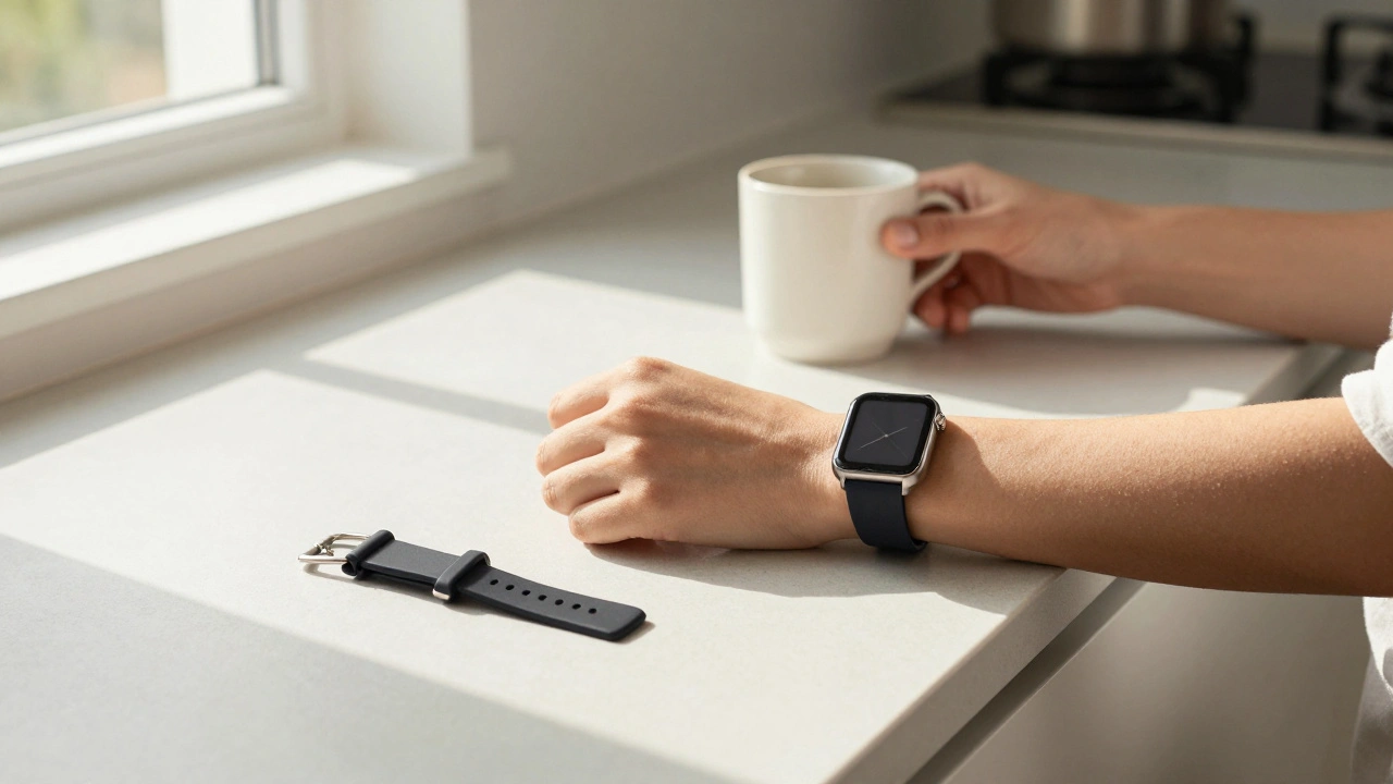 Someone quickly swapping a watch strap on a kitchen counter with a coffee cup nearby, no tools used.