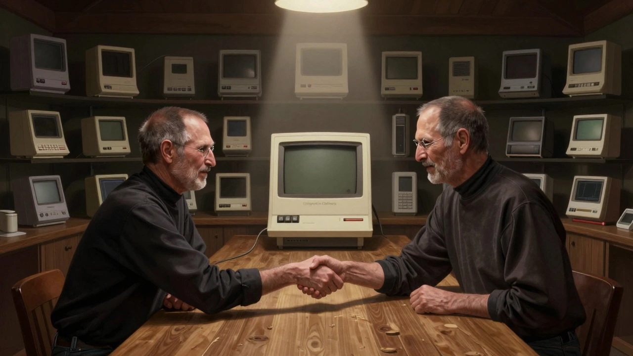 Steve Jobs and Hartmut Esslinger shaking hands in a German studio, surrounded by 40 design prototypes under a single spotlight.