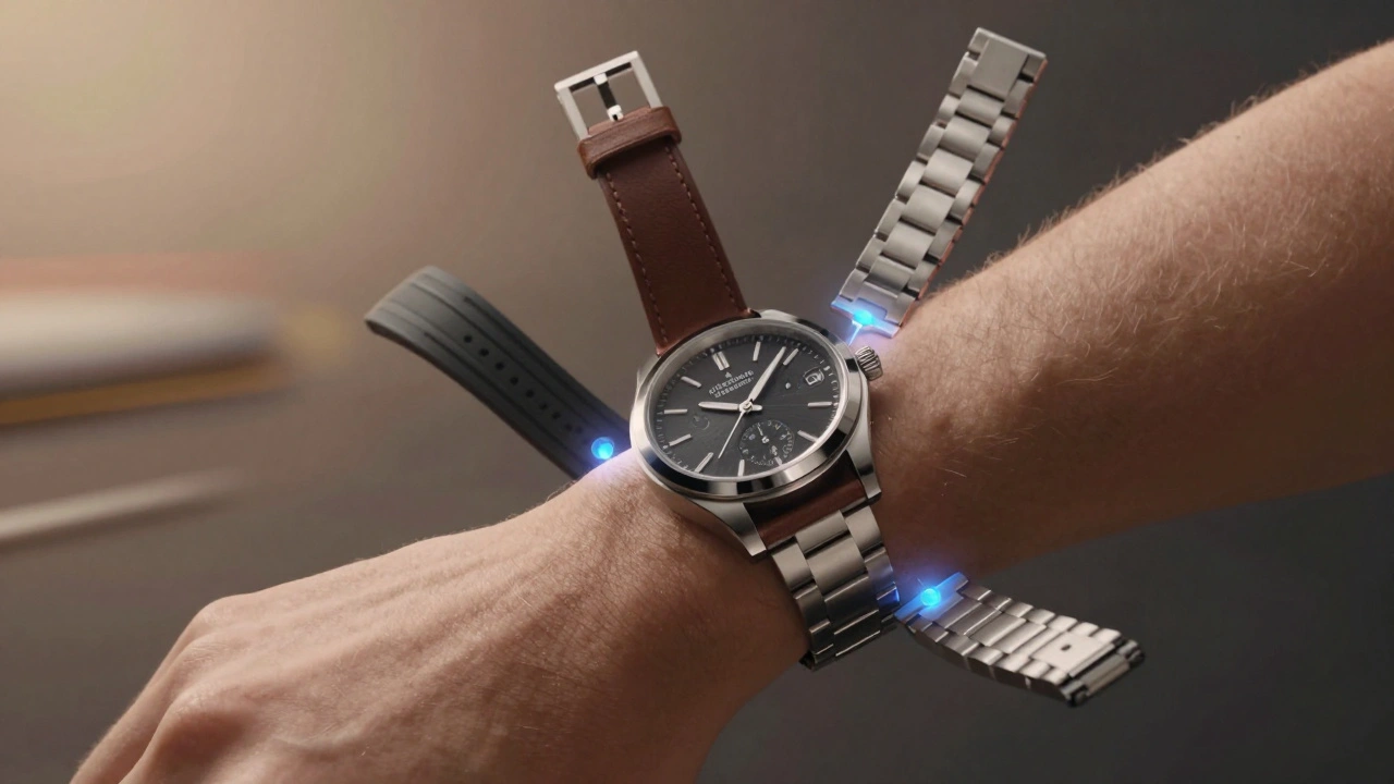 Three interchangeable watch straps floating around a wristwatch, connected by glowing quick-release pins.