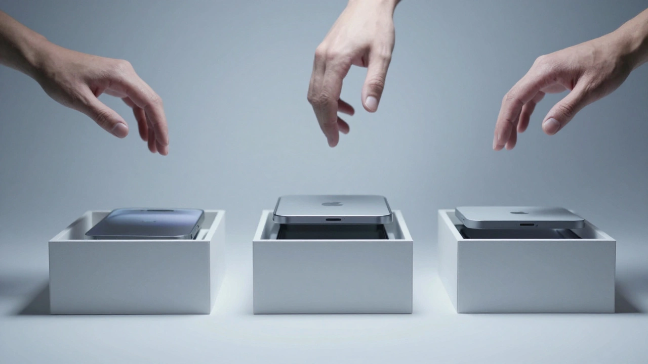 Three minimalist Apple boxes in various open states, suggesting a ritual of unboxing with no branding.